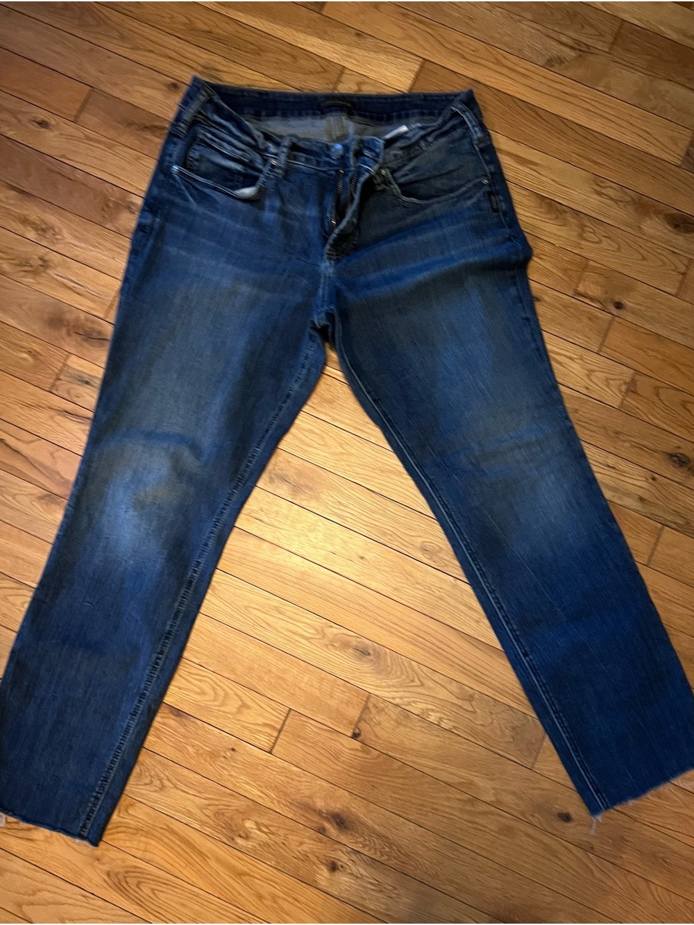 Silver Jeans Boyfriend Fit Dark Blue Denim cropped with frayed bottoms
